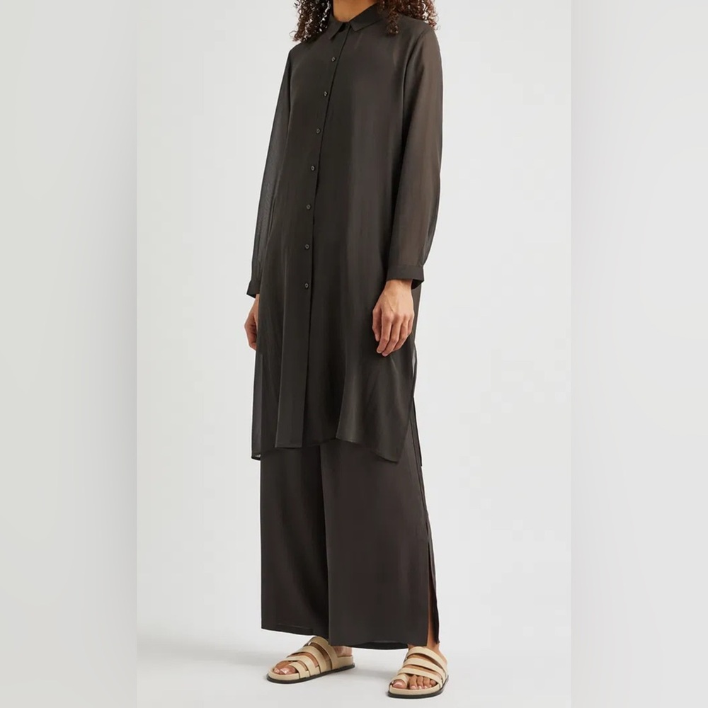 EILEEN FISHER dress or top. Silk Georgette Crepe Maxi Button Duster Front Gray